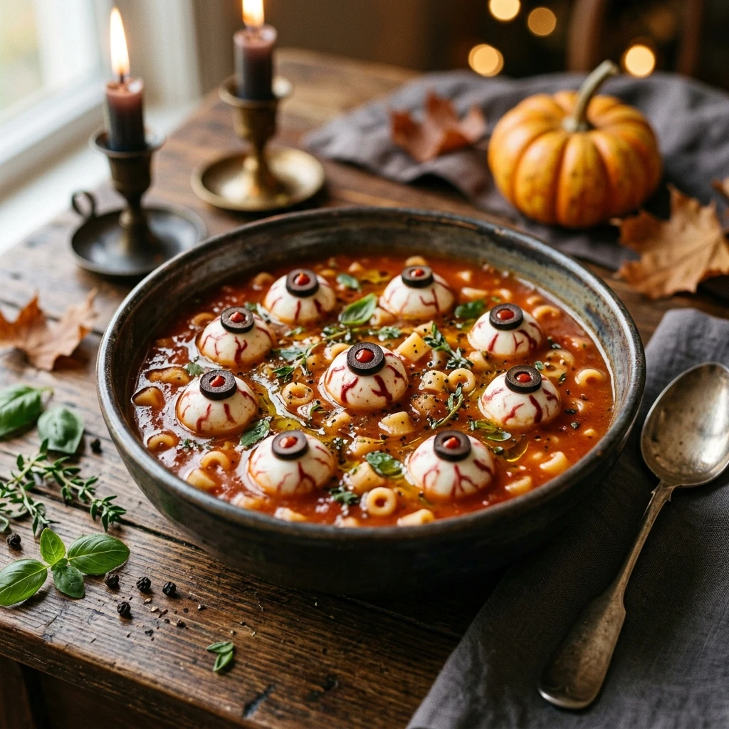Bloody Eyeball Pasta Soup - Cozy Halloween Dinner