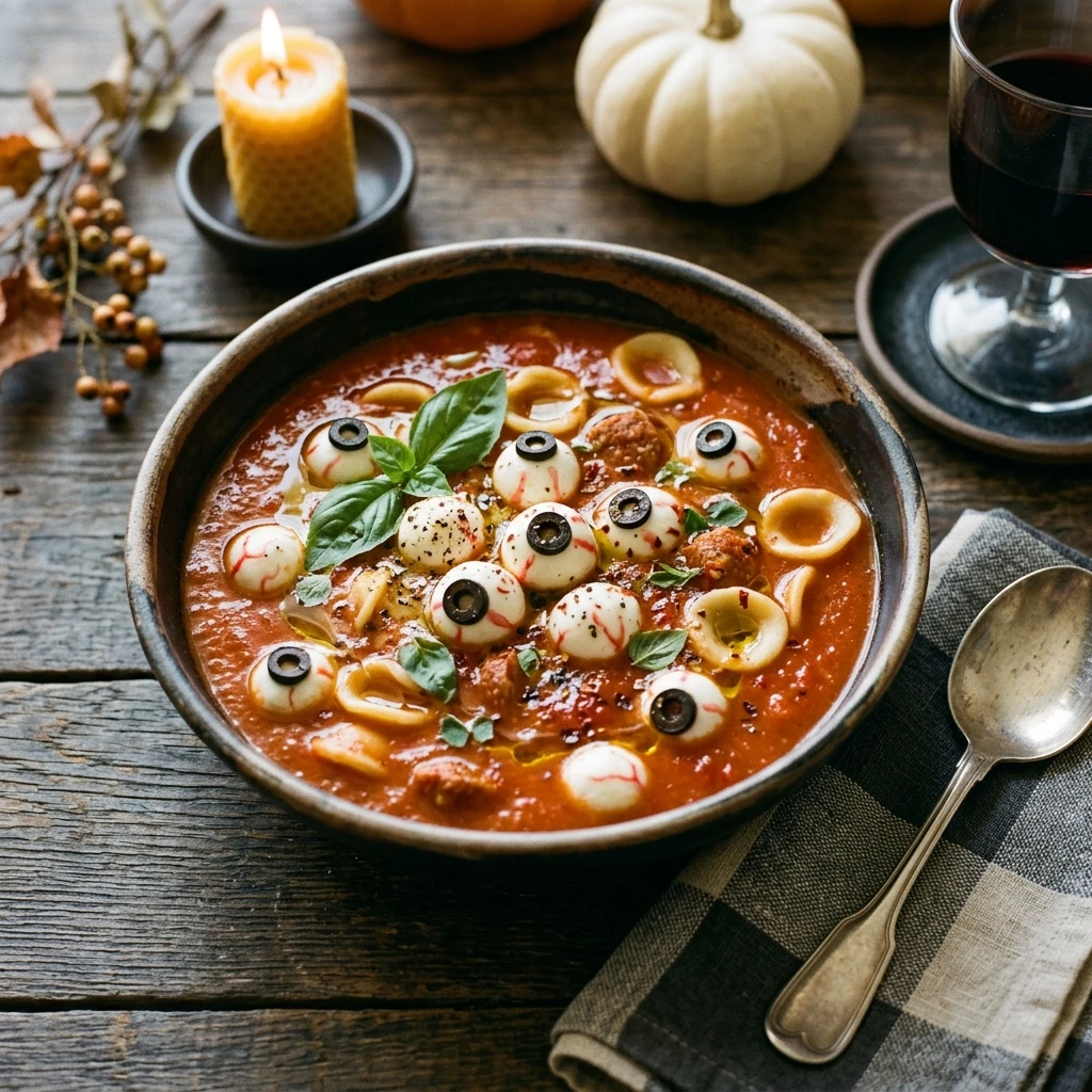 Bloody Eyeball Pasta Soup - Cozy Halloween Dinner
