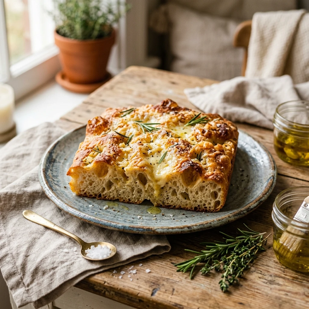 Bubbly Sourdough Focaccia With Cheese And Garlic No Knead