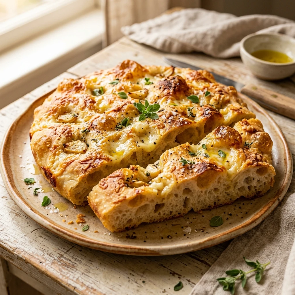 Bubbly Sourdough Focaccia With Cheese And Garlic No Knead