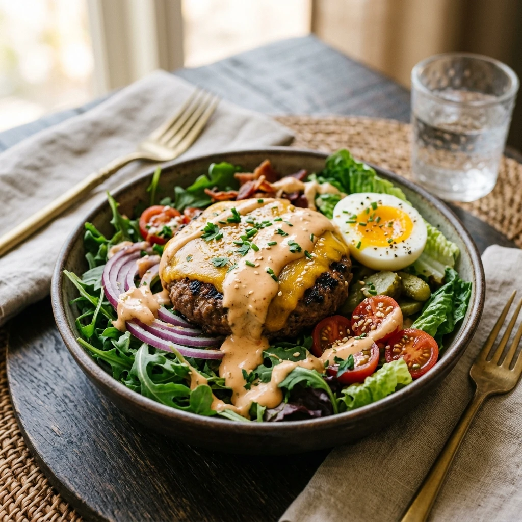 Burger Bowl Salad Loaded Cheeseburger Dripping Sauce That Satisfies