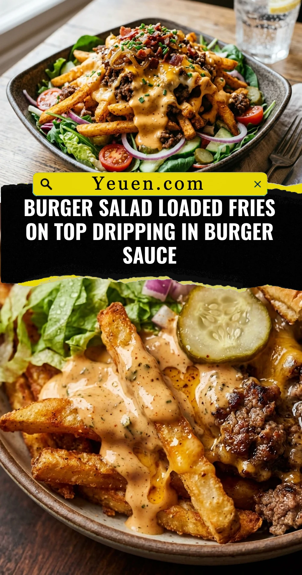 Burger Salad Loaded Fries On Top Dripping In Burger Sauce