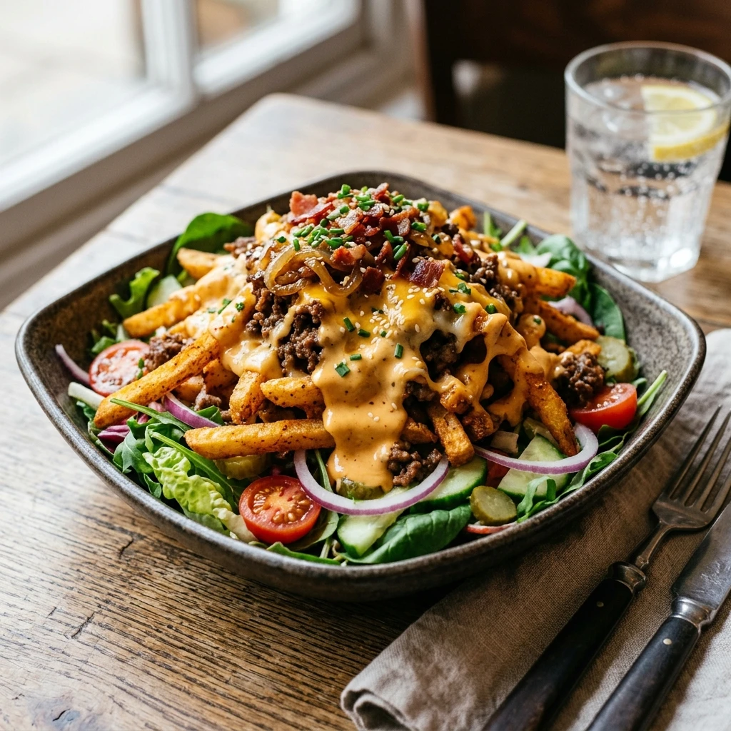 Burger Salad Loaded Fries On Top Dripping In Burger Sauce