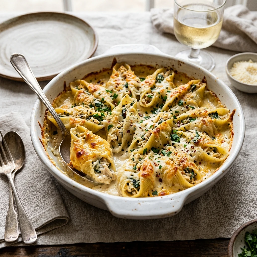 Cheesy Baked Creamy Chicken Alfredo Stuffed Shells Easy Weeknight Dinner