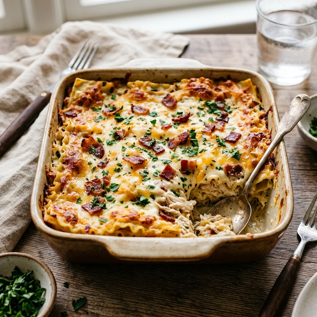 Cheesy Baked Creamy Chicken Bacon Ranch Lasagna Easy Weeknight Classic