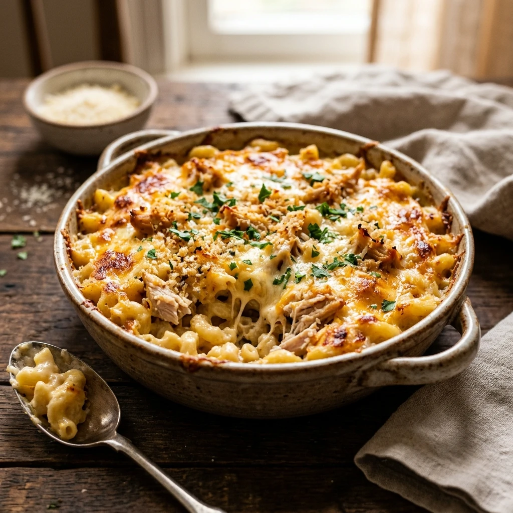 Cheesy Baked Creamy Mac And Cheese With Chicken Weeknight Easy Classic