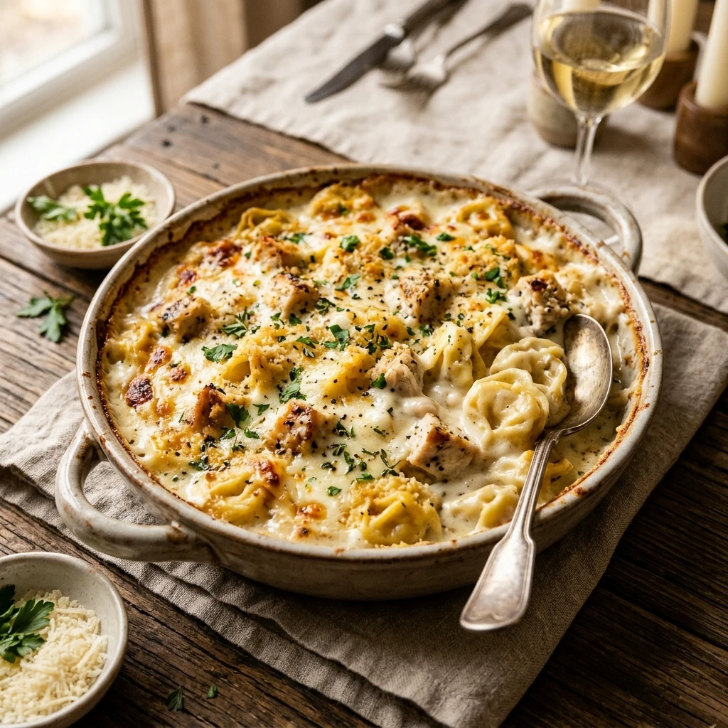 Cheesy Baked Creamy Tortellini Alfredo With Chicken Easy Weeknight Dinner