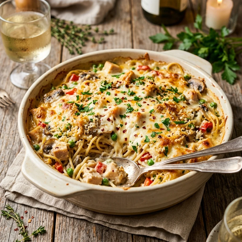 Cheesy Creamy Chicken Tetrazzini Freezer Friendly