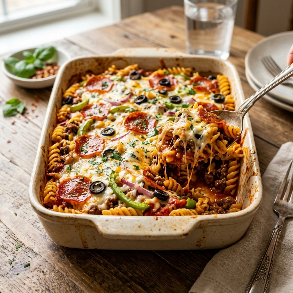 Cheesy Ground Beef Pizza Pasta Bake Feeds 6 $5 Meal