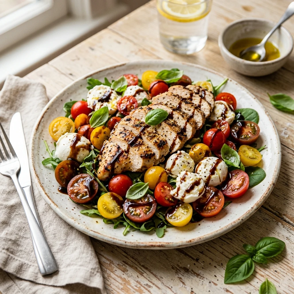 Chicken Caprese Salad Loaded Mozzarella Dripping Balsamic High Protein