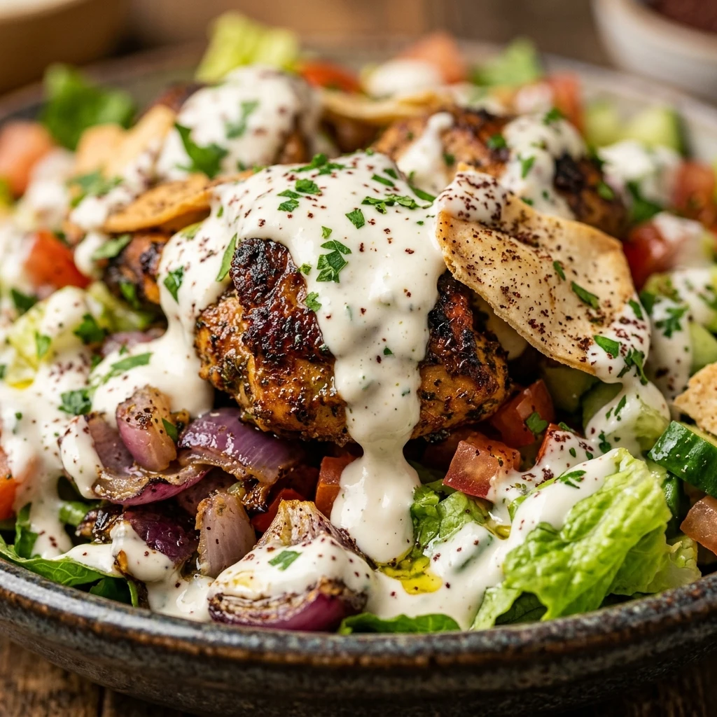 Chicken Shawarma Salad Loaded Dripping In Garlic Sauce High Protein