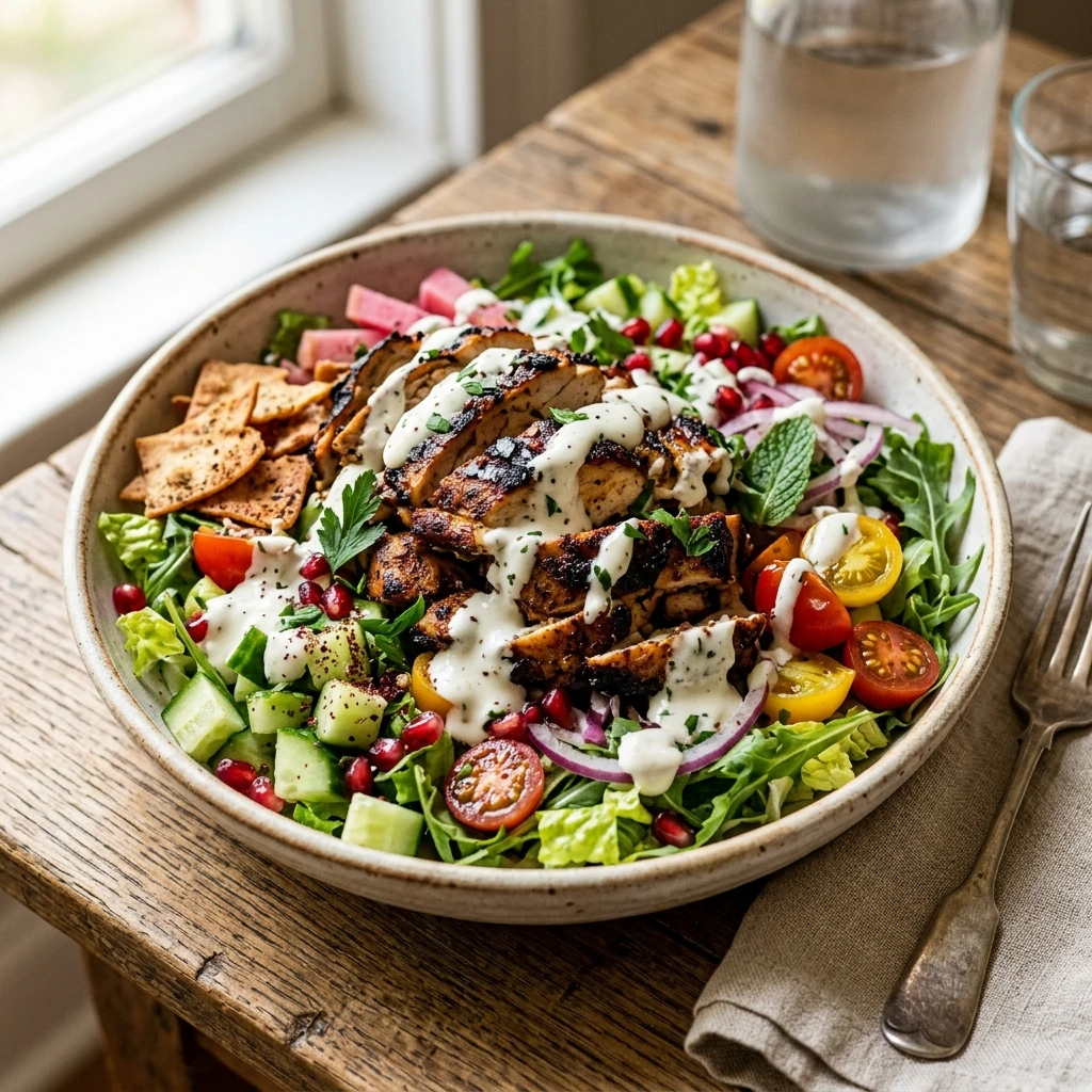 Chicken Shawarma Salad Loaded Dripping In Garlic Sauce High Protein