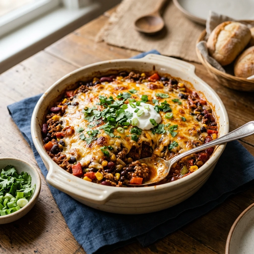 Chili Casserole Easy Beef Cheesy Family One Dish
