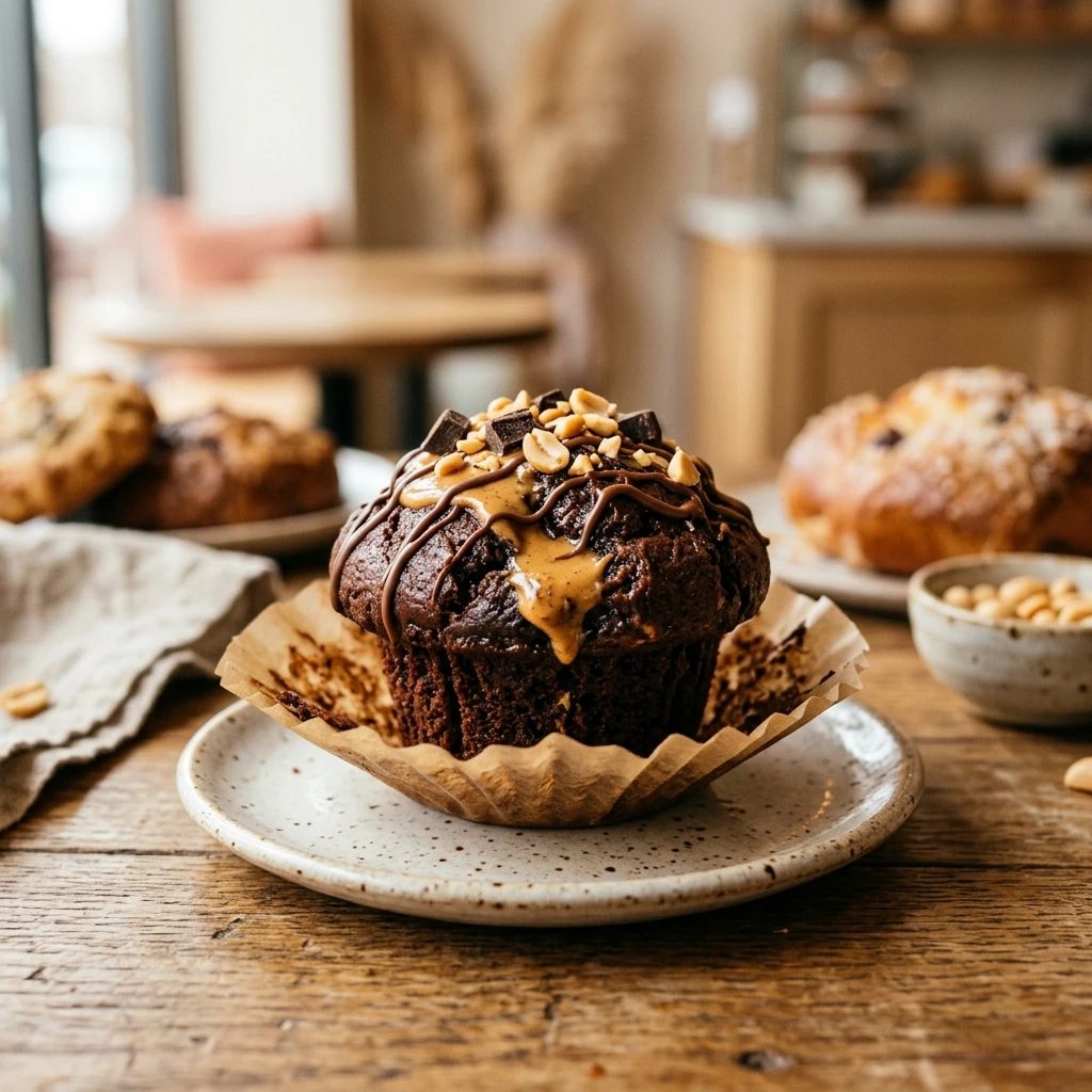 Chocolate Peanut Butter Muffins Bakery Style