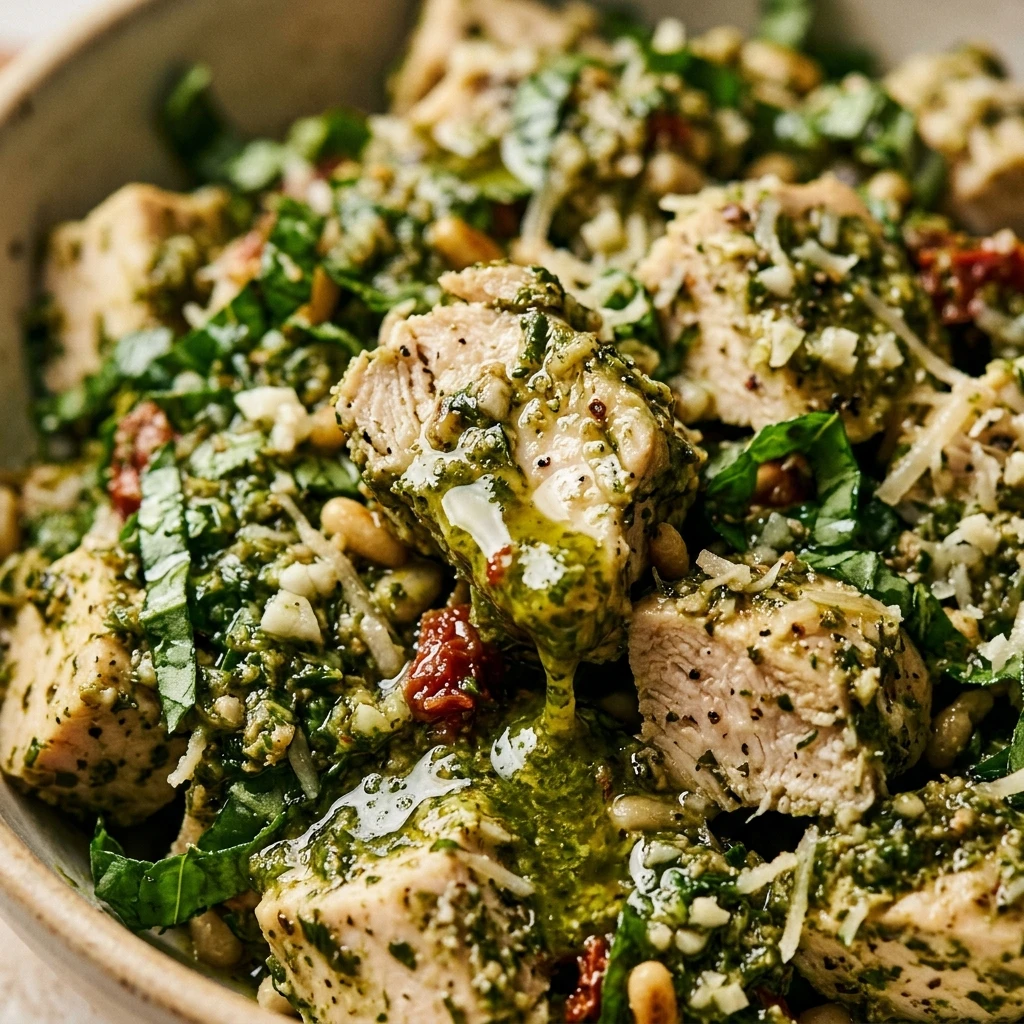 Chopped Chicken Pesto Salad Loaded Dripping In Pesto Dressing