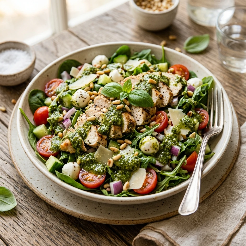 Chopped Chicken Pesto Salad Loaded Dripping In Pesto Dressing