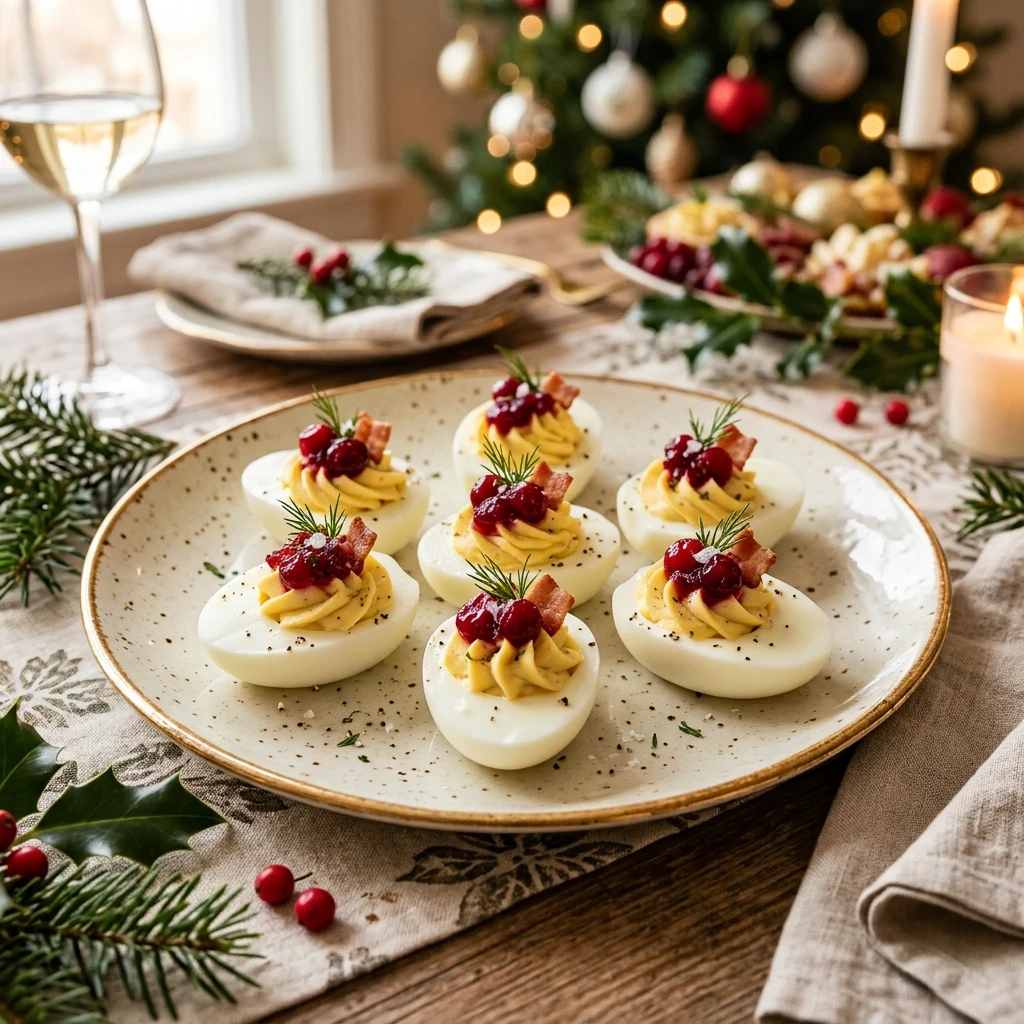 Christmas Eve Deviled Eggs With Cranberry On Top
