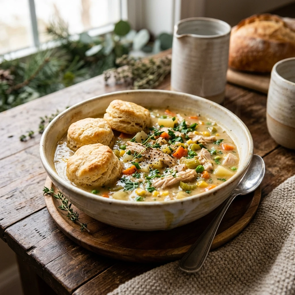 Cozy Winter Crockpot Chicken Pot Pie Soup With Biscuits Under $20 Feeds A Crowd