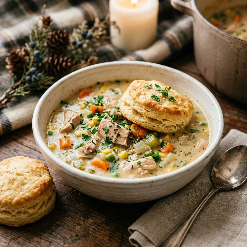 Cozy Winter Crockpot Chicken Pot Pie Soup With Biscuits