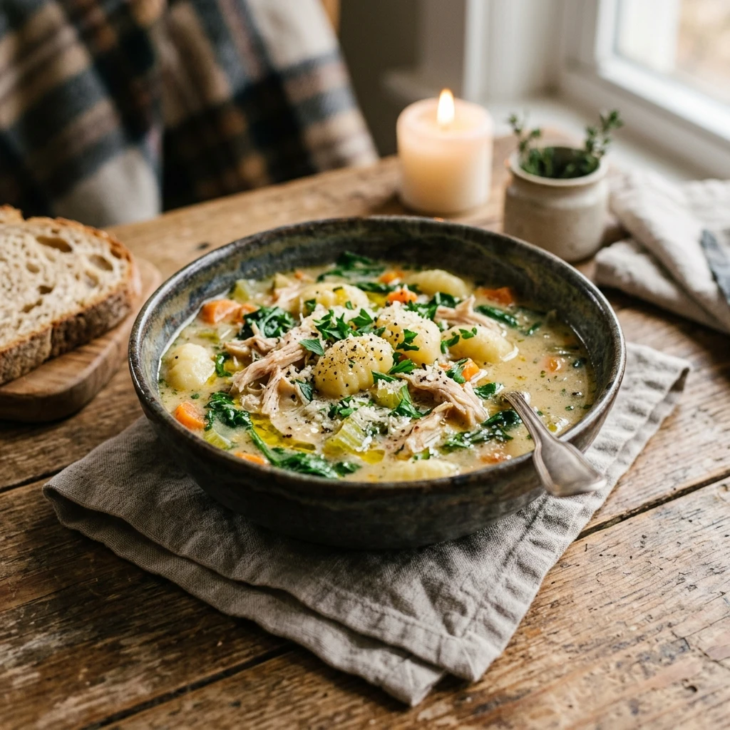 Cozy Winter Slow Cooker Chicken Gnocchi Soup High Protein Under $20 Feeds 8