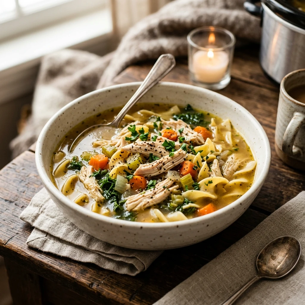 Cozy Winter Slow Cooker Chicken Noodle Soup High Protein Under $20 Feeds 8