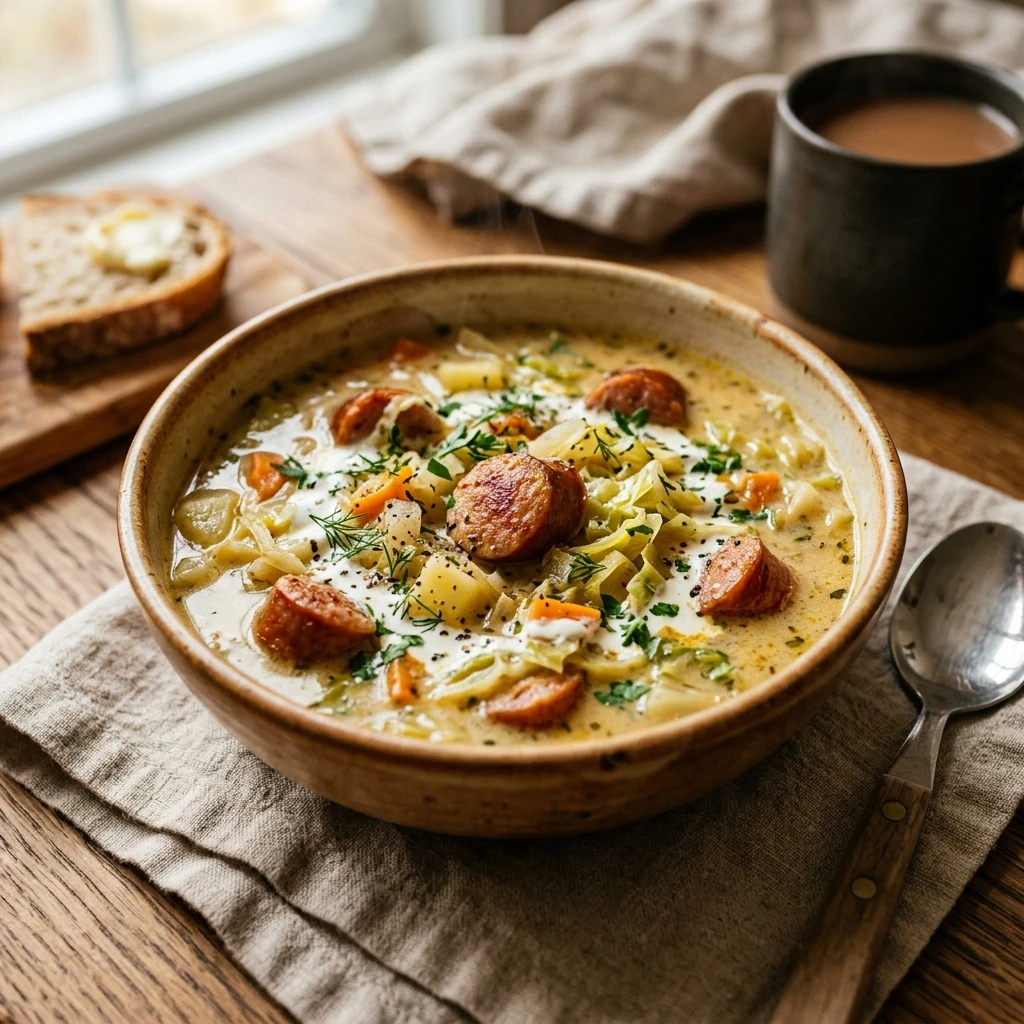 Creamy Cabbage And Kielbasa Soup Budget Cozy