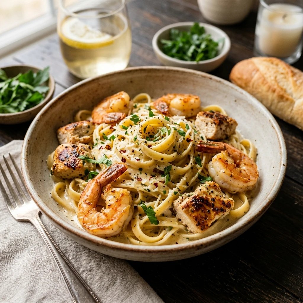 Creamy Garlic Butter Chicken And Shrimp Pasta 20 Minute Surf And Turf Weeknight