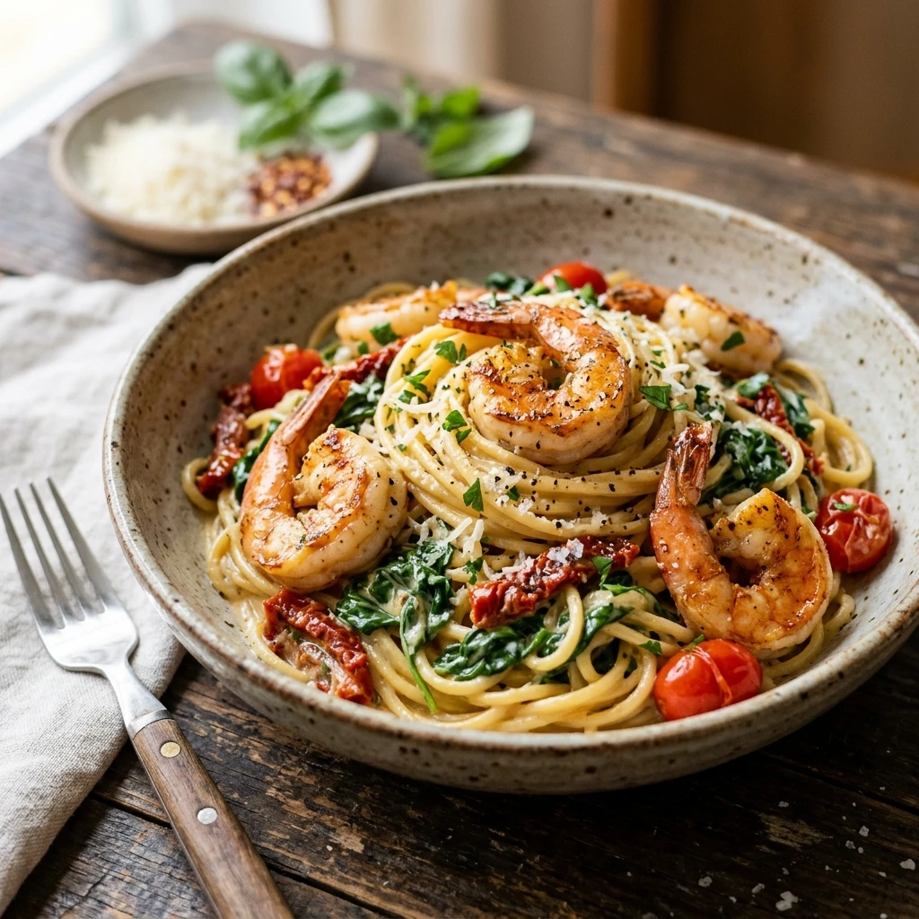 Creamy Garlic Butter Tuscan Shrimp Pasta 20 Minute One Pot Weeknight Cheesy