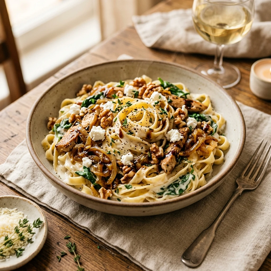 Creamy Goat Cheese Pasta With Caramelized Onions
