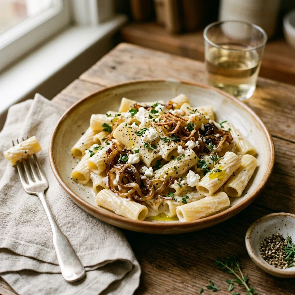 Creamy Goat Cheese Pasta With Caramelized Onions