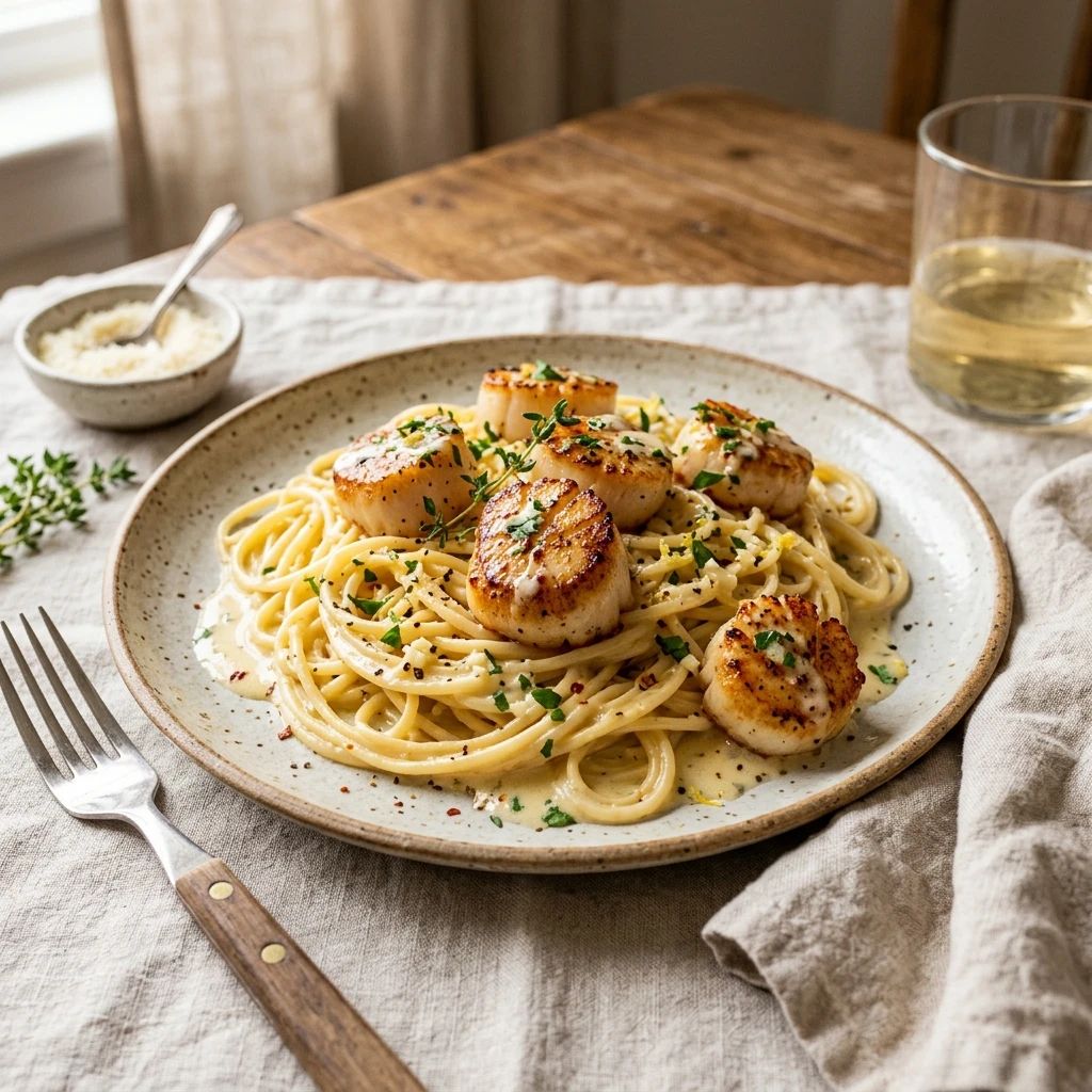 Creamy Lemon Garlic Butter Pasta With Scallops