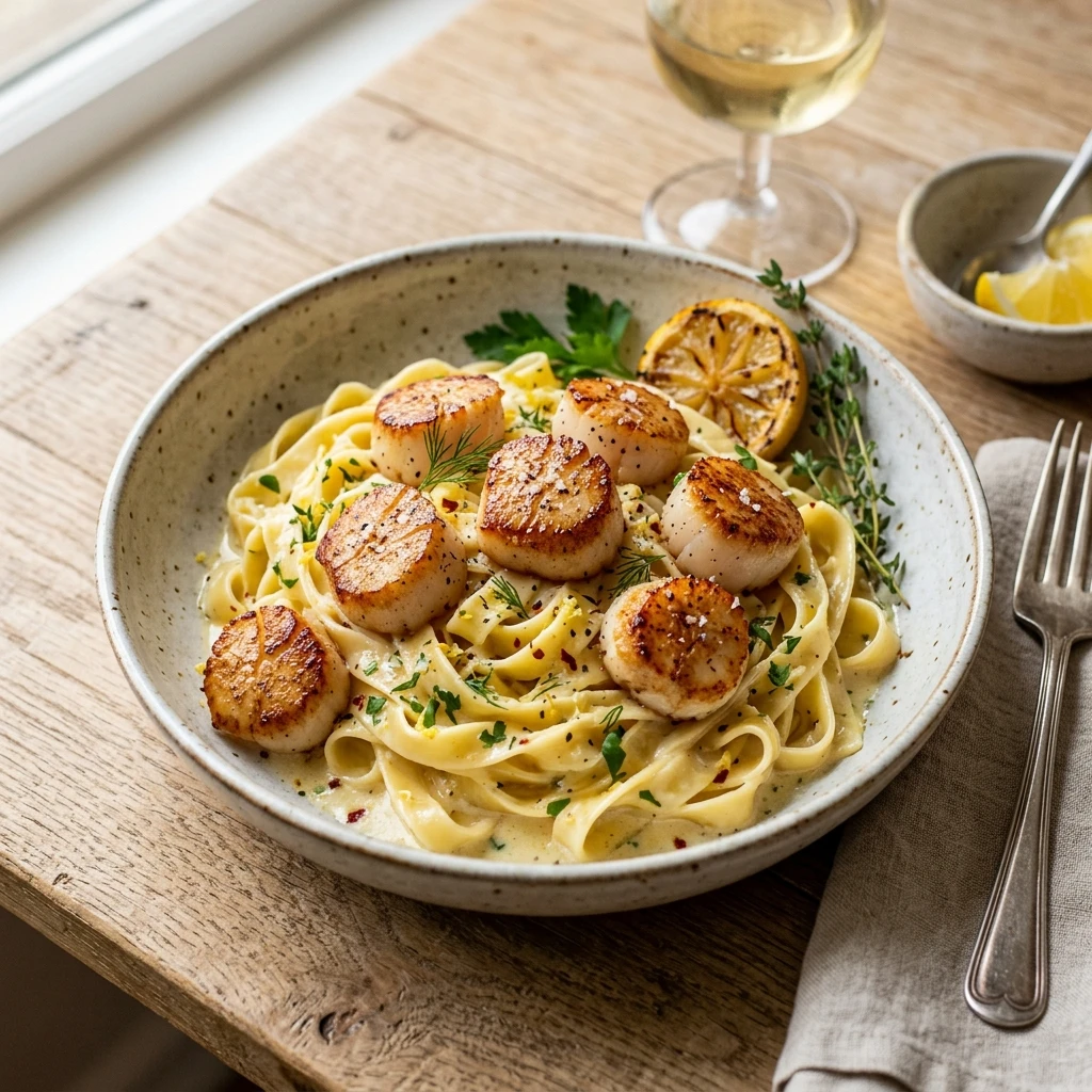 Creamy Lemon Garlic Butter Pasta With Scallops