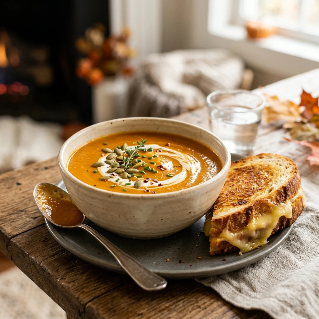 Creamy Pumpkin And Tomato Soup With Grilled Cheese Fall