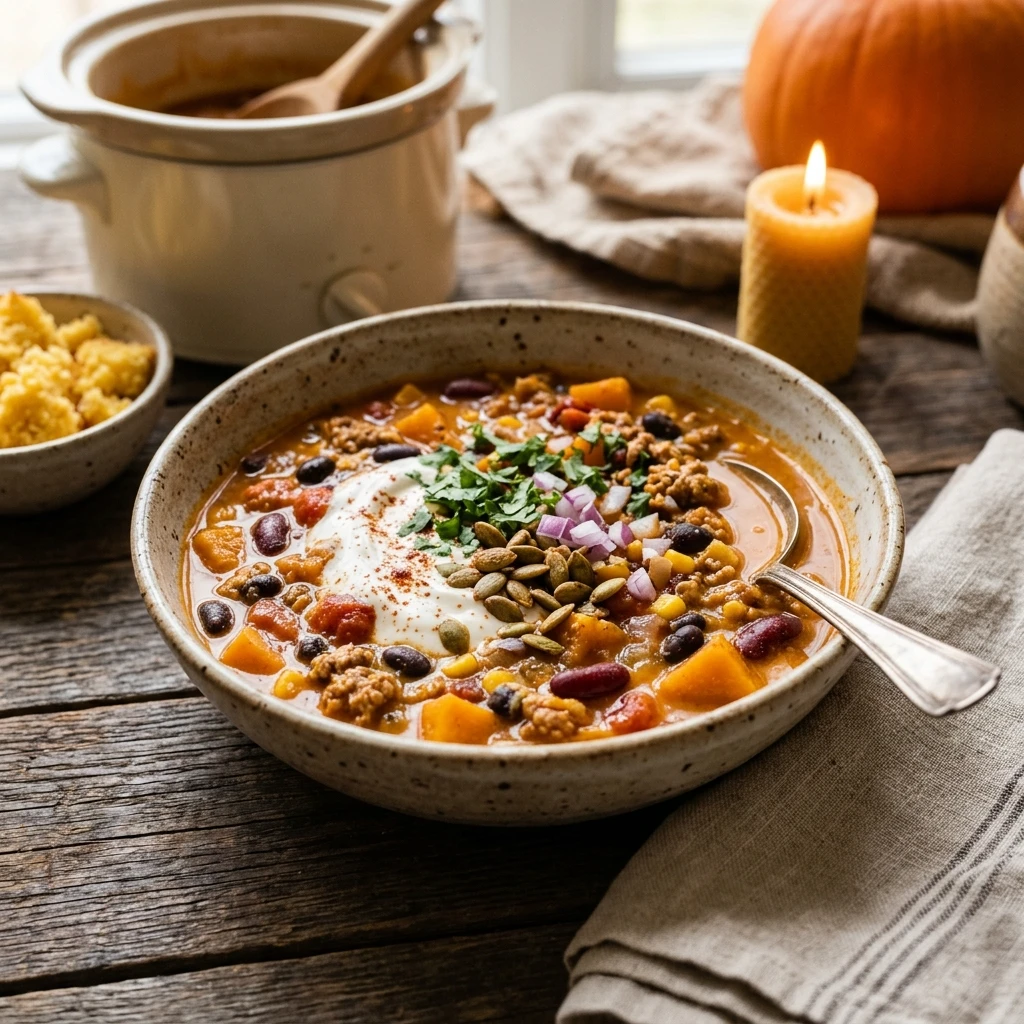 Creamy Pumpkin Chili Savory Fall Cozy Dinner Crockpot Easy