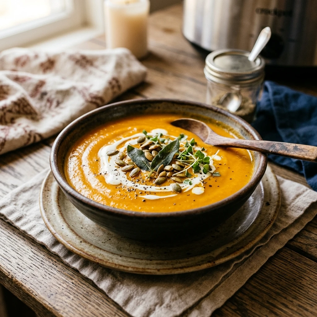 Creamy Pumpkin Soup Cozy Fall Crockpot Easy 20 Minute Savory