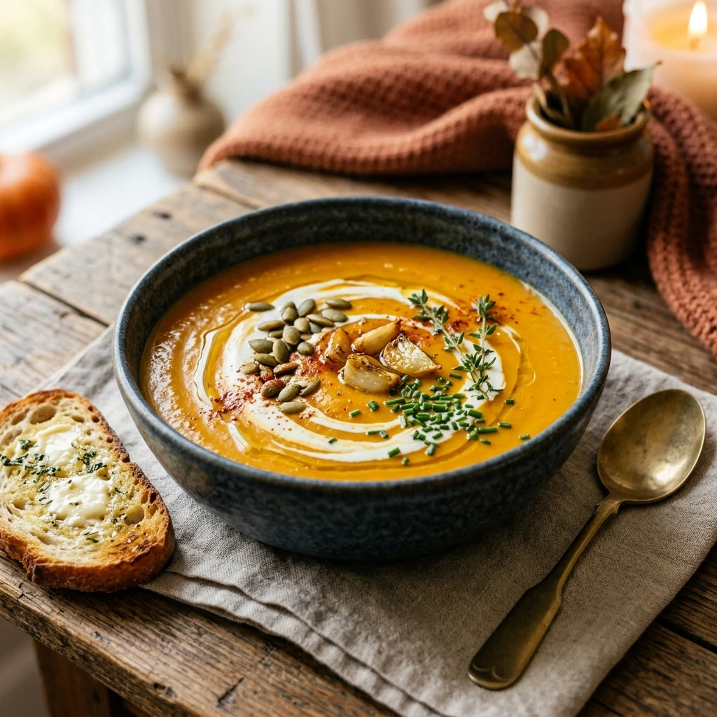 Creamy Pumpkin Soup With Roasted Garlic And Cream Cozy Fall
