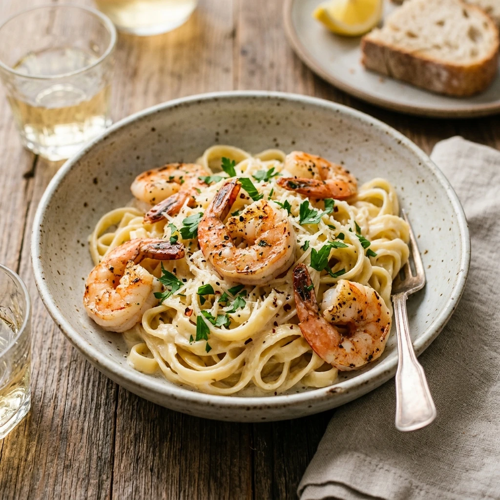 Creamy White Wine Garlic Pasta With Shrimp
