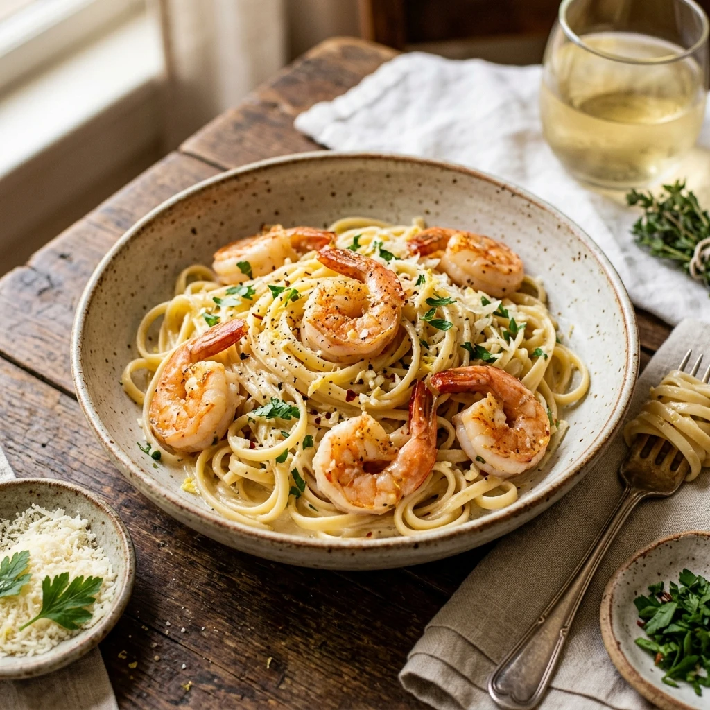 Creamy White Wine Garlic Pasta With Shrimp