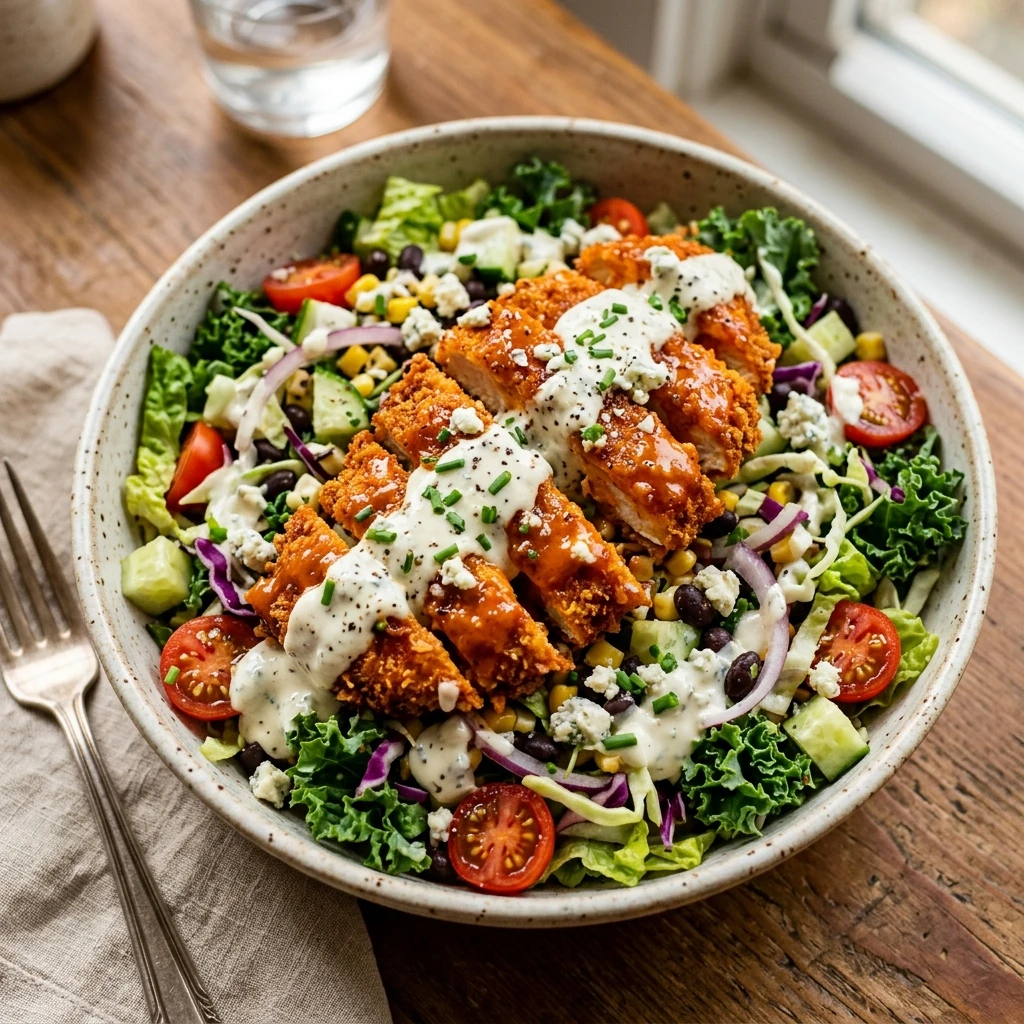 Crispy Buffalo Chicken Chopped Salad Dripping In Blue Cheese