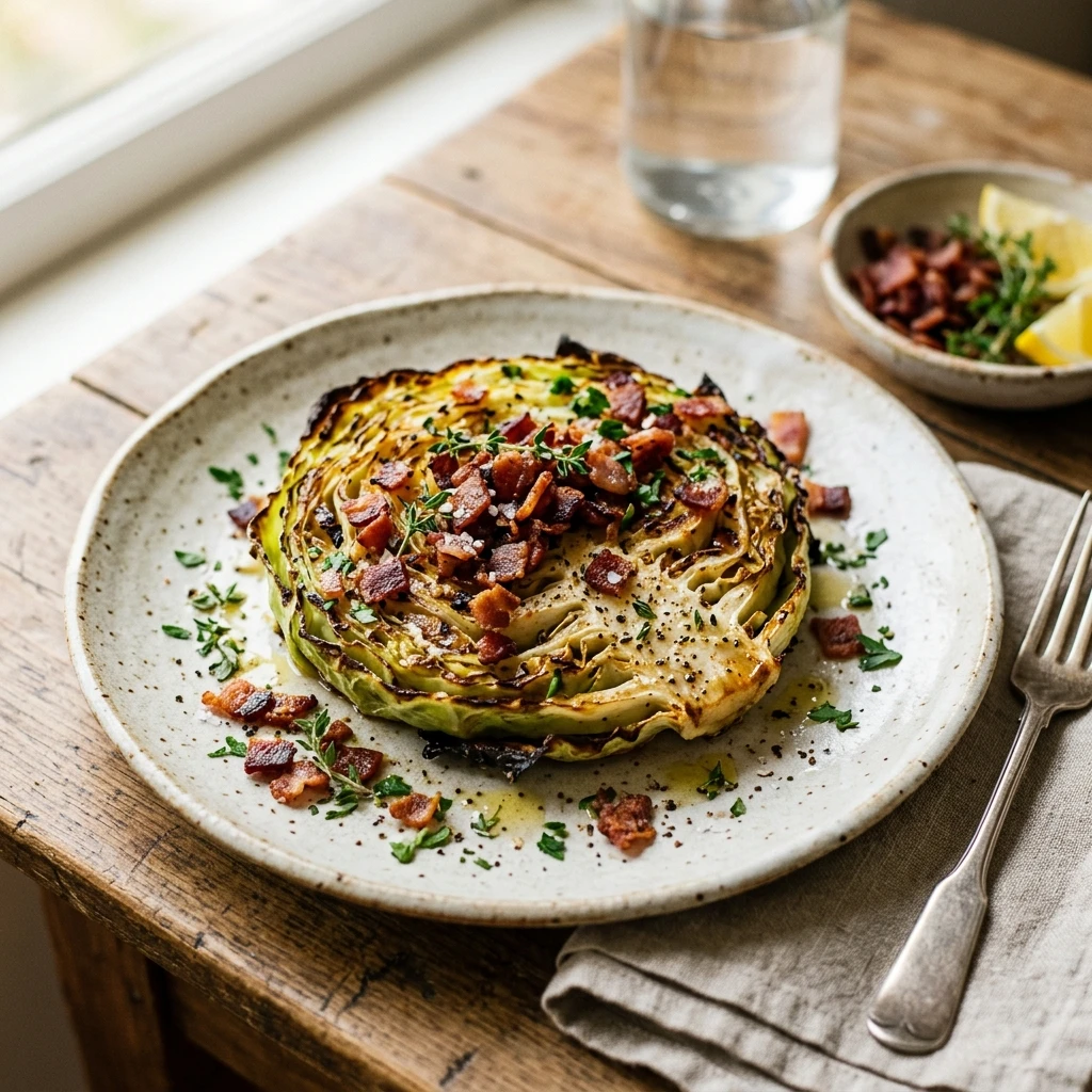 Crispy Cabbage Steaks With Bacon