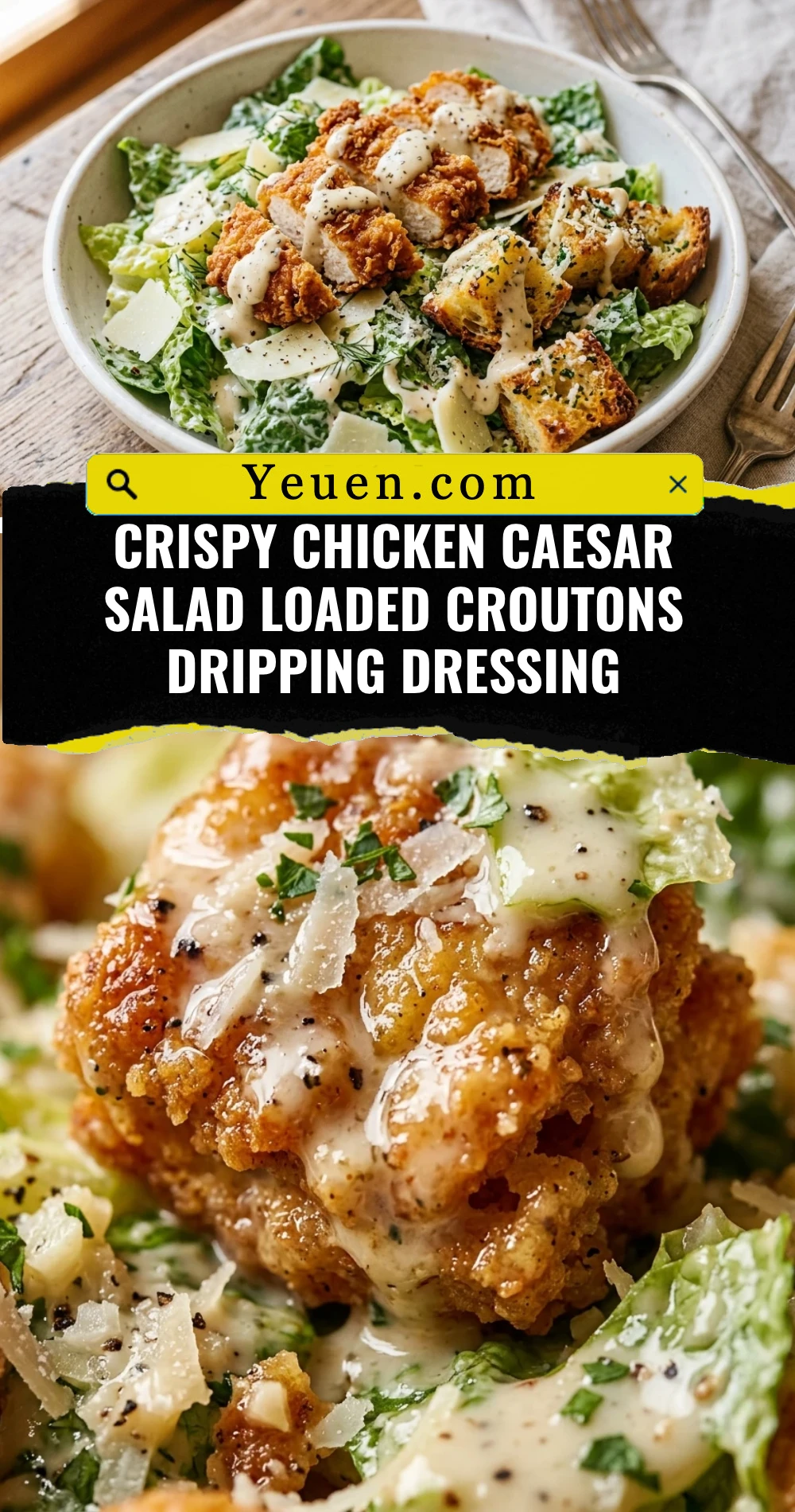 Crispy Chicken Caesar Salad Loaded Croutons Dripping Dressing