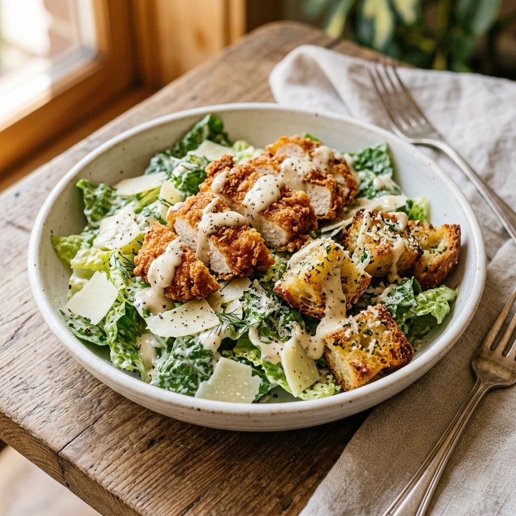 Crispy Chicken Caesar Salad Loaded Croutons Dripping Dressing