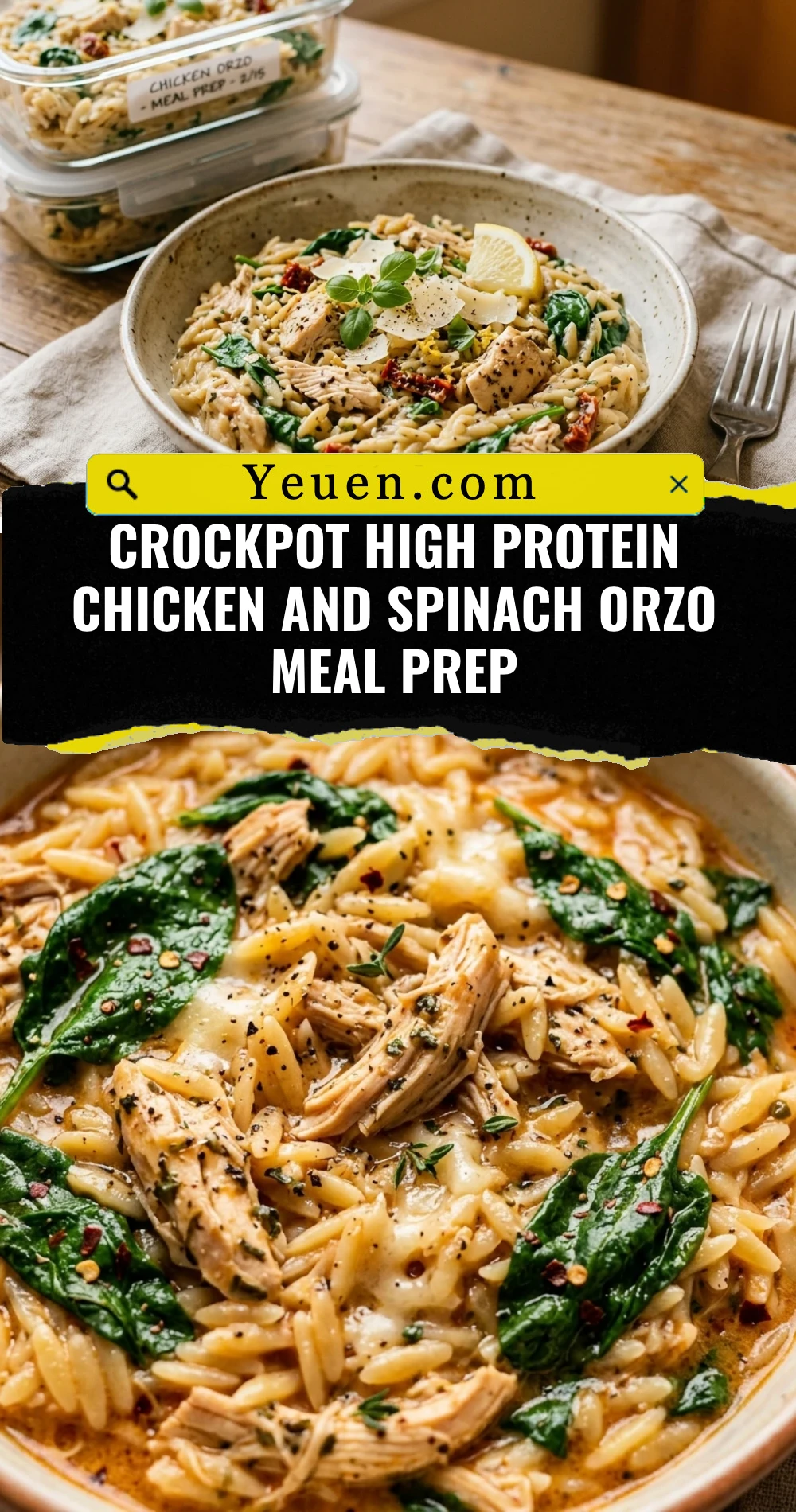 Crockpot High Protein Chicken And Spinach Orzo Meal Prep