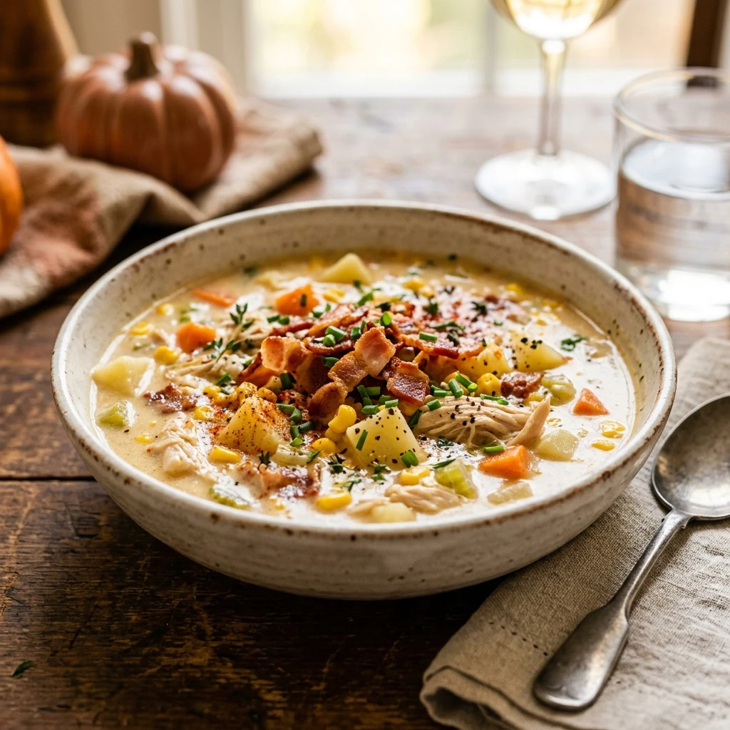 Crocktober High Protein Chicken And Corn Chowder Thanksgiving