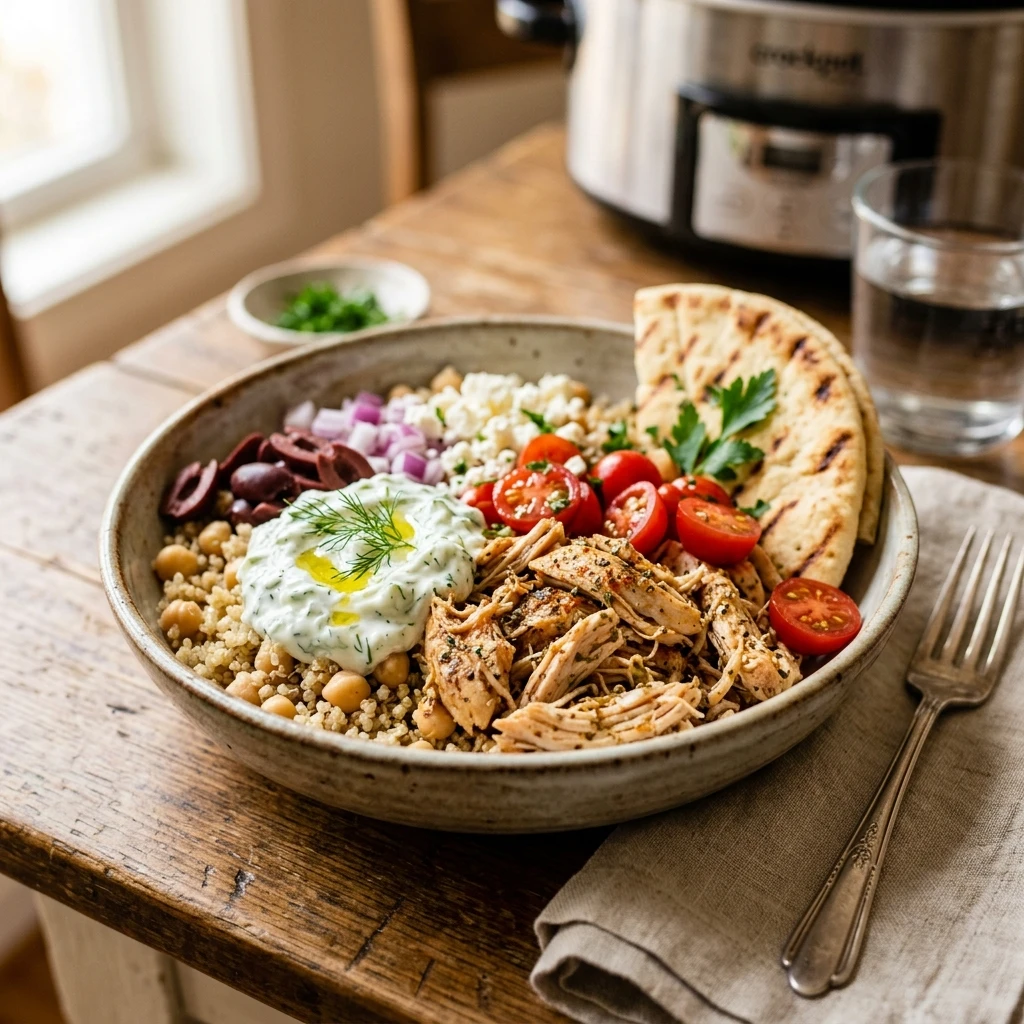 Dump And Go High Protein Chicken Gyro Bowls Crockpot No Chopping Under $20 Feeds A Crowd