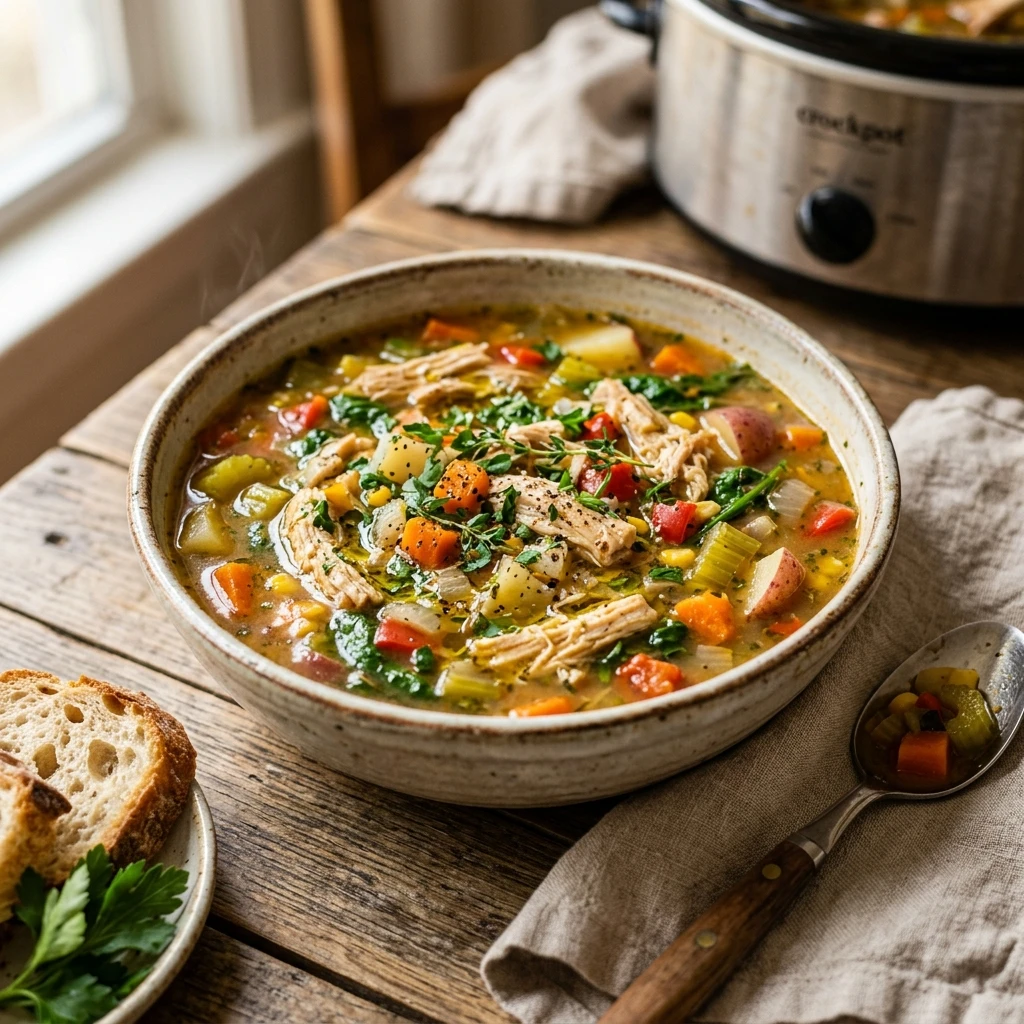 Dump And Walk High Protein Chicken And Veggie Soup Crockpot Under $20 Feeds A Crowd
