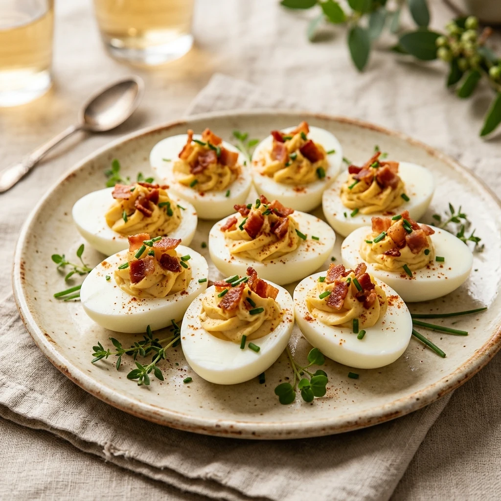 Finger Foods Deviled Eggs With Bacon On Top