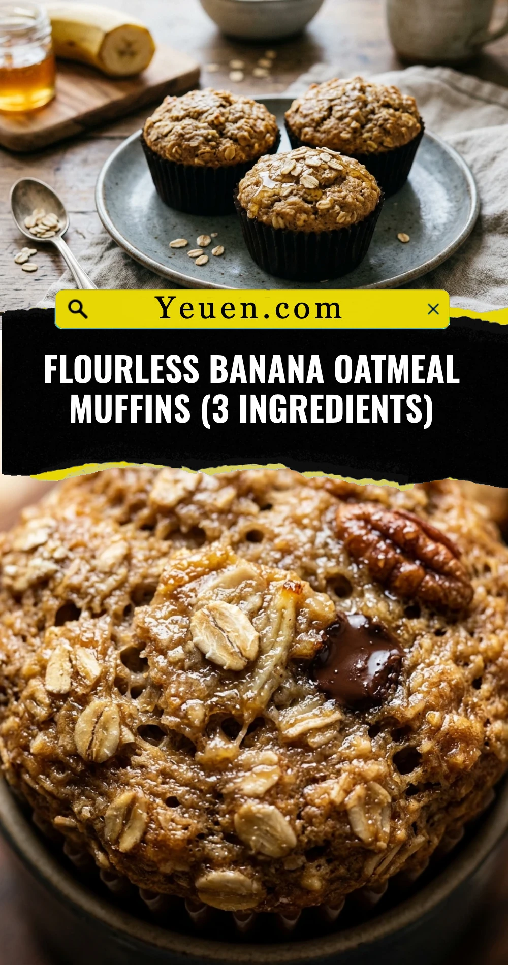 Flourless Banana Oatmeal Muffins (3 Ingredients)
