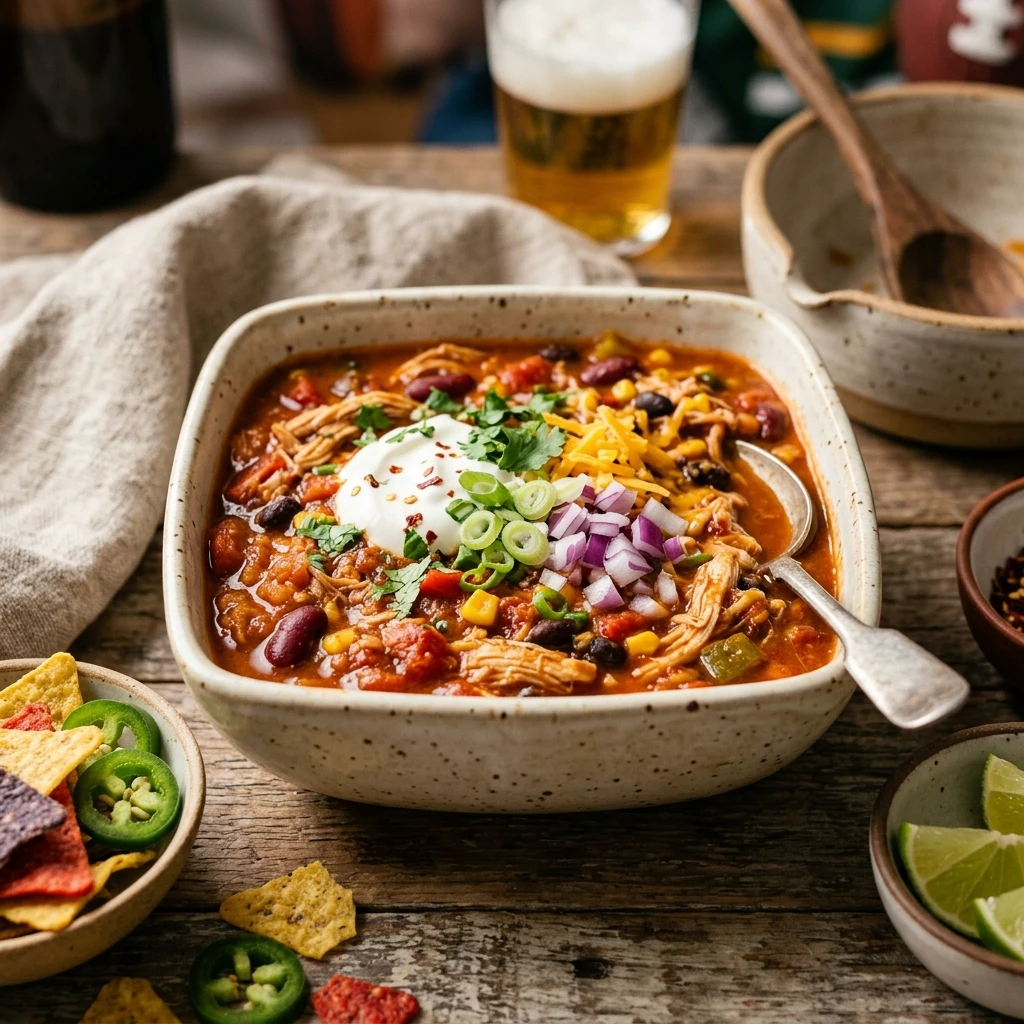 Game Day High Protein Crockpot Chicken Chili That Feeds A Crowd Under $20