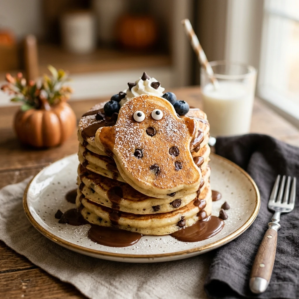 Ghost Halloween Pancakes With Chocolate Chips Easy Family